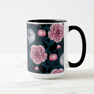 Vogels en roze pioenbloemen met bladeren mok