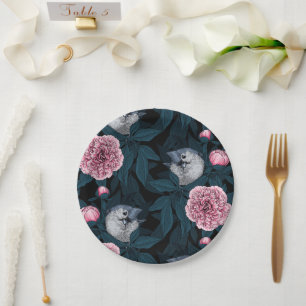 Vogels en roze pioenbloemen met bladeren papieren bordje