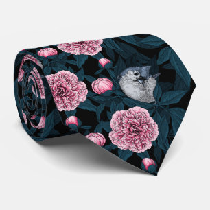Vogels en roze pioenbloemen met bladeren stropdas
