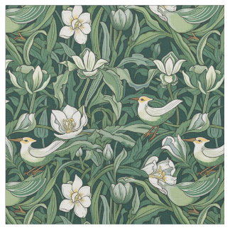 Vogels en Tulpen Groene Art Nouveau Stof