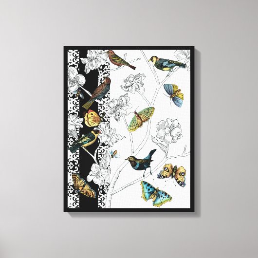 Vogels en vlinder op een zwarte en witte achtergro canvas afdruk (Voorkant)