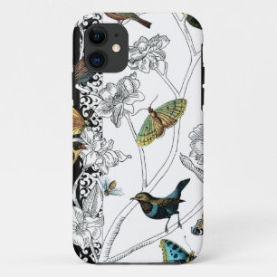 Vogels en vlinder op een zwarte en witte achtergro iPhone 11 hoesje
