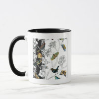 Vogels en vlinder op een zwarte en witte achtergro