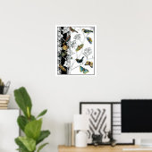 Vogels en vlinder op een zwarte en witte achtergro poster (Thuiskantoor)