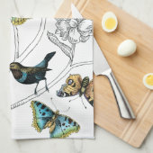 Vogels en vlinder op een zwarte en witte achtergro theedoek (Quarter Fold)