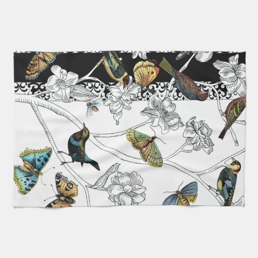 Vogels en vlinder op een zwarte en witte achtergro theedoek (Horizontaal)