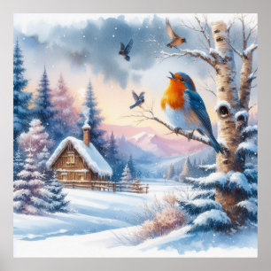 Vogels en winterlandschap 24 poster