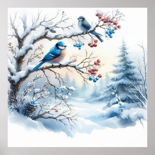 Vogels en winterlandschap 34 poster (Voorkant)