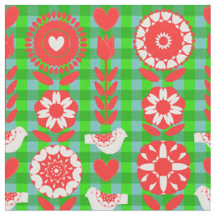 Vogels Folk Art  Floral Pattern Fabric Stof