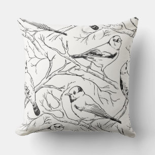 Vogels handgetekend zwart-wit patroon Modern Kussen