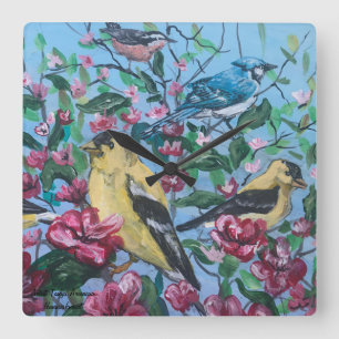 Vogels in de achtertuin Handgeschilderde Kunst Vierkante Klok