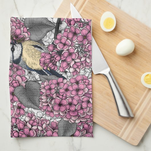 Vogels in roze lila tuin theedoek (Quarter Fold)