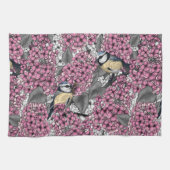 Vogels in roze lila tuin theedoek (Horizontaal)