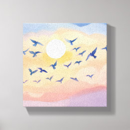 Vogels in vlucht | Zonsondergang Natuur Aquarel Canvas Afdruk