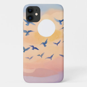 Vogels in vlucht   Zonsondergang Natuur Aquarel iPhone 11 Hoesje