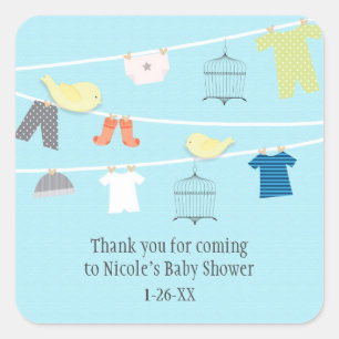 Vogels & Kleren aan Draad Baby Shower Favor Sticke Vierkante Sticker