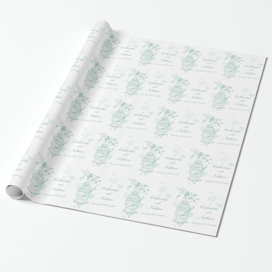 Vogels kooi groen en wit bruiloft aangepaste wrap cadeaupapier (Uitgerold)