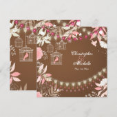 Vogels, kooien, bloementuin roze en bruine bruilof kaart (Voorkant / Achterkant)