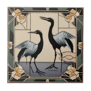 Vogels Kraanvogels Bloemen Art Deco Nouveau Decora Tegeltje