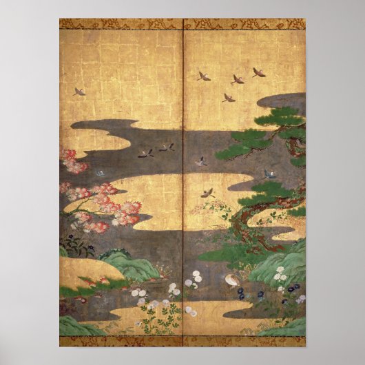 Vogels met herfst- en winterbloemen poster (Voorkant)