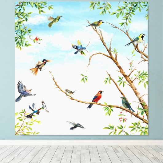 Vogels neergestreken en vliegen door bomen canvas afdruk (Insitu (Houten vloer))
