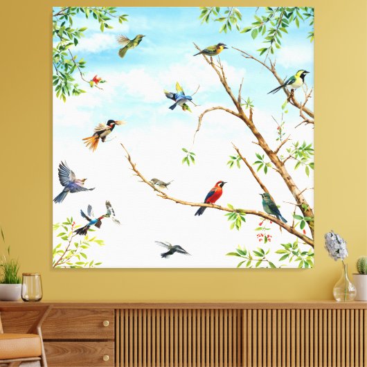 Vogels neergestreken en vliegen door bomen canvas afdruk (Insitu (Woonkamer))