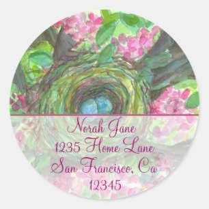 Vogels Nest Lente Bloem Waterverf Retouradres Ronde Sticker