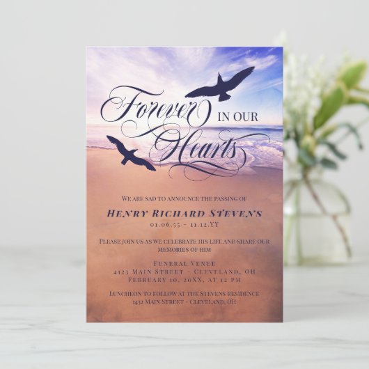 Vogels oceaanstrand forever in ons hart begrafenis kaart (Staand voorkant)