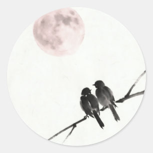 Vogels onder Blozende Maan Ronde Sticker