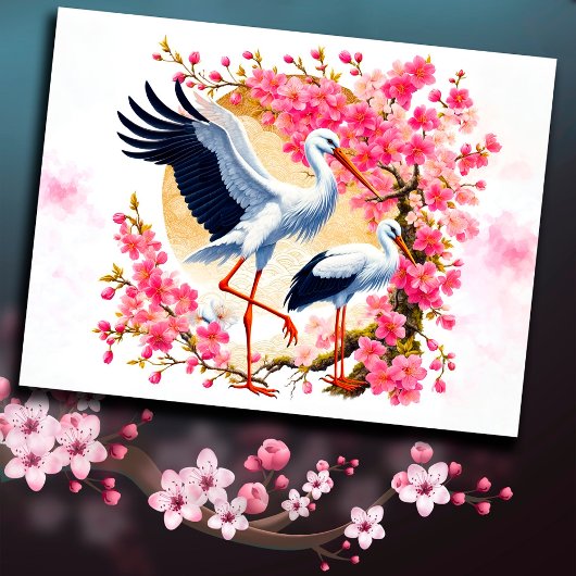 Vogels ooievaar Aziatische natuur sakura oosterse Briefkaart