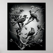 Vogels op boomtakken zwarte en witte vogels