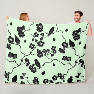 Vogels op Cherry Blossom Black op Mint Green Fleece Deken
