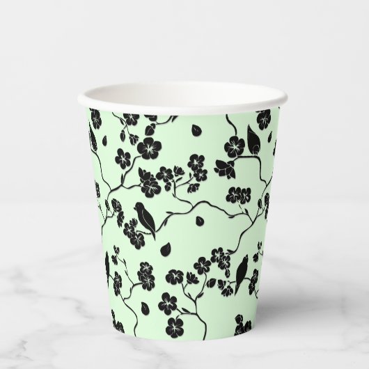 Vogels op Cherry Blossom Black op Mint Green Papieren Bekers (Voorkant)