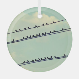 Vogels op draden,  blauwe lucht. glas ornament