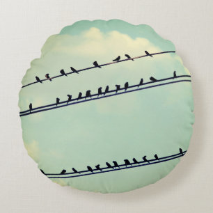 Vogels op draden, blauwe lucht. rond kussen