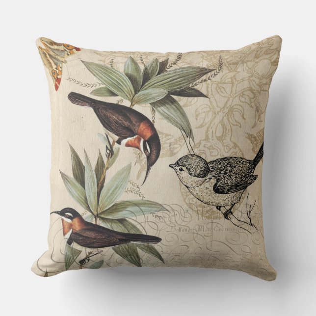 Vogels op een tak met groene bladeren en vlinderte kussen (Voorkant)