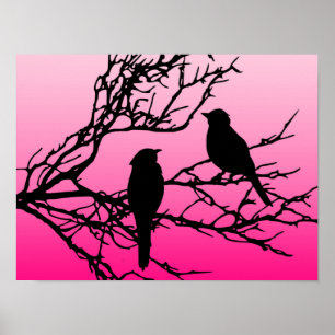 Vogels op een tak, zwart tegen roze dageraad poster