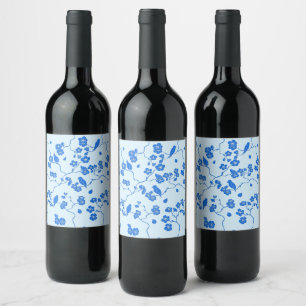 Vogels op Kersenbloesems Blauw op Blauw Wijn Etiket