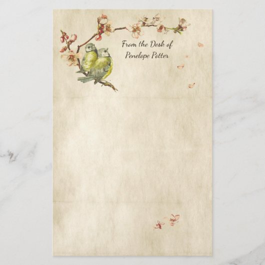 vogels op perzikbomen op perkament met naam briefpapier (Voorkant)