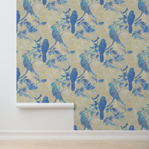 Vogels op takken en bladeren Ivory Blue Wallpaper Behang