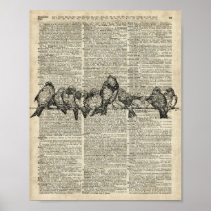 Vogels op vertakkingsplaat boven de oude boekpagi poster