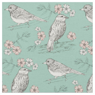 Vogels Roze Bloemen Robins Ei Blue Stof
