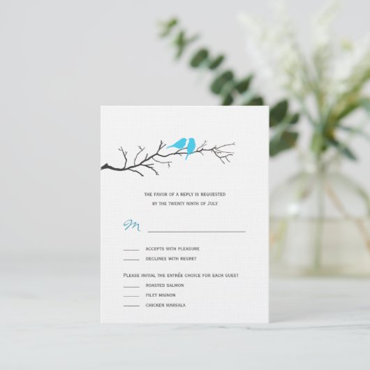 Vogels Silhouettes Wedding RSVP-kaarten - Turquois RSVP Kaartje (Staand voorkant)