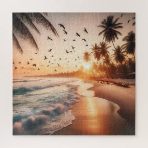 Vogels Vliegen over een strand bij zonsondergang Legpuzzel