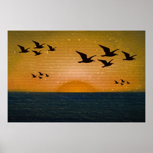 Vogels vliegen over zonsondergang zeegezicht poster (Voorkant)
