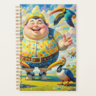 Vogels vliegen rond een vrolijk man planner