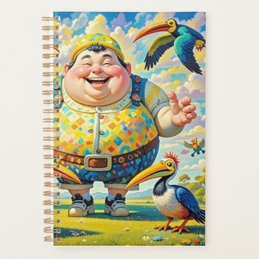 Vogels vliegen rond een vrolijk man planner (Voorkant)