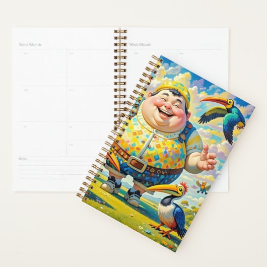 Vogels vliegen rond een vrolijk man planner (Display)