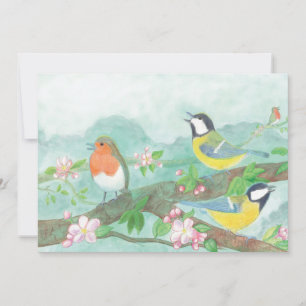 Vogels zingen op een bloeiende boomtak feestdagenkaart