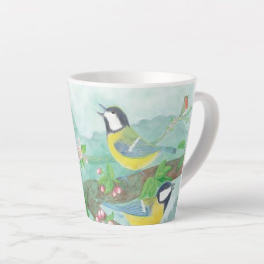 Vogels zingen op een bloeiende boomtak Klein Latte Mok (Rechterhoek)